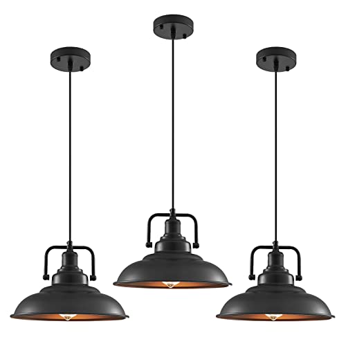 Black Pendant Light fixtures 12.5 inches 3 Packs,Matte Pendant Lights Kitchen Island,Industrial Pendant Light,Vintage Farmhouse Pendant Light for Dinning Room Entryway Barn