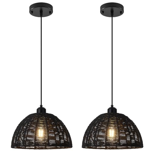 Rattan Pendant Light, 2 Packs Brown Farmhouse Pendant Light, Boho Pendant Light, Wicker Pendant Light, Pendant Lights Kitchen Island for Living Room, Bedroom, Kitchen, Office, Hallway