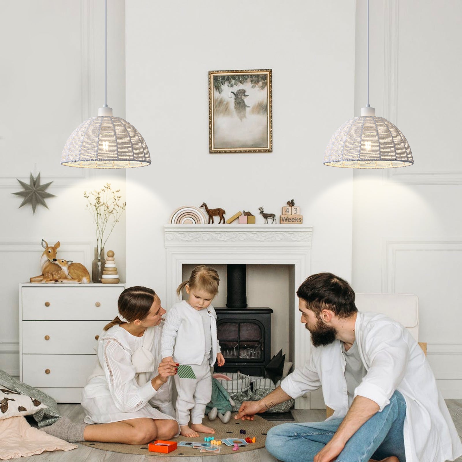 Rattan Pendant Light, 2 Packs Brown Farmhouse Pendant Light, Boho Pendant Light, Wicker Pendant Light, Pendant Lights Kitchen Island for Living Room, Bedroom, Kitchen, Office, Hallway