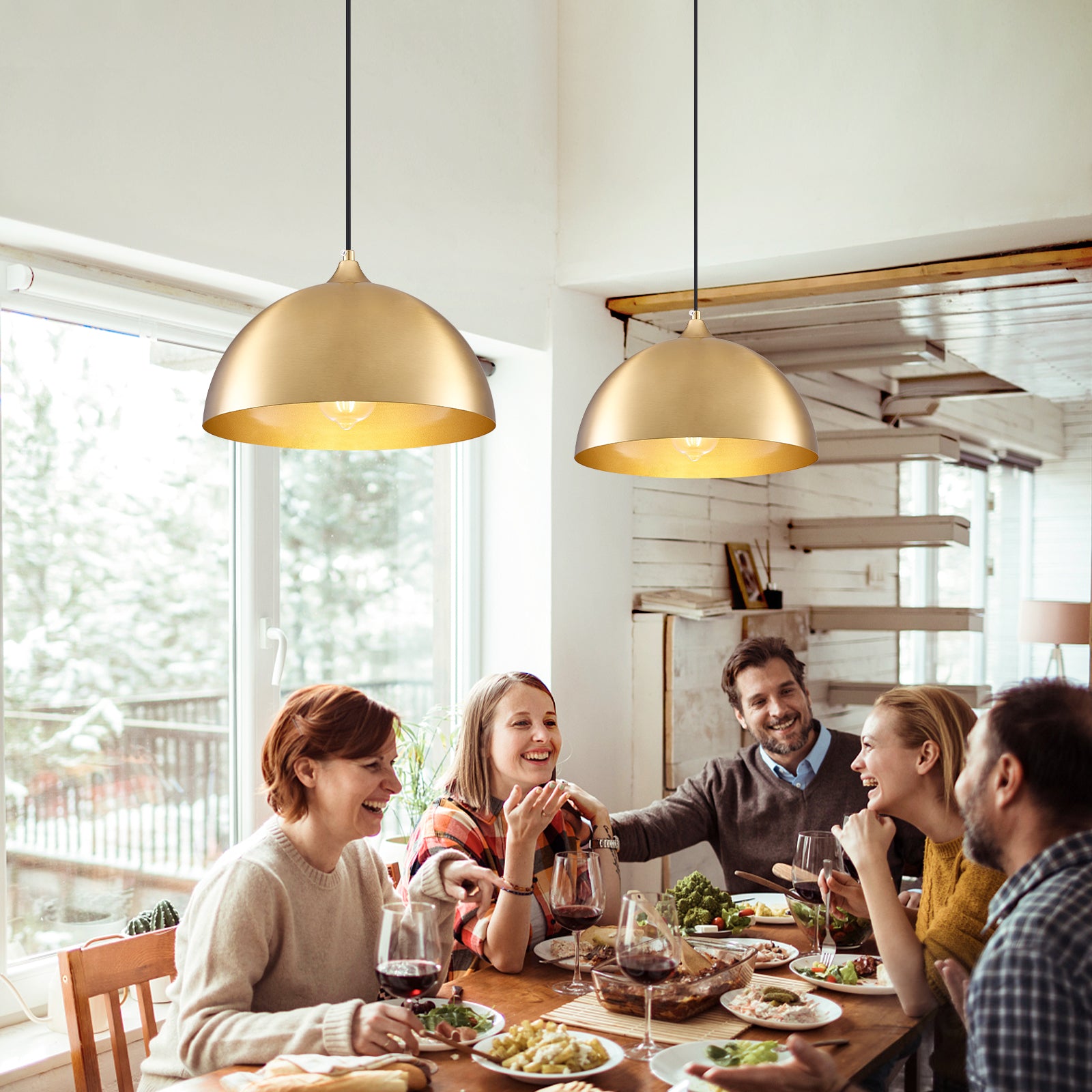 SESIMENT Farmhouse Pendant Lighting for Kitchen Island,Black and Gold Dome Pendant Light Fixtures, Industrial Hanging Ceiling Light for Dining Room Foyer Cafe Kitchen Sink,2 Pack