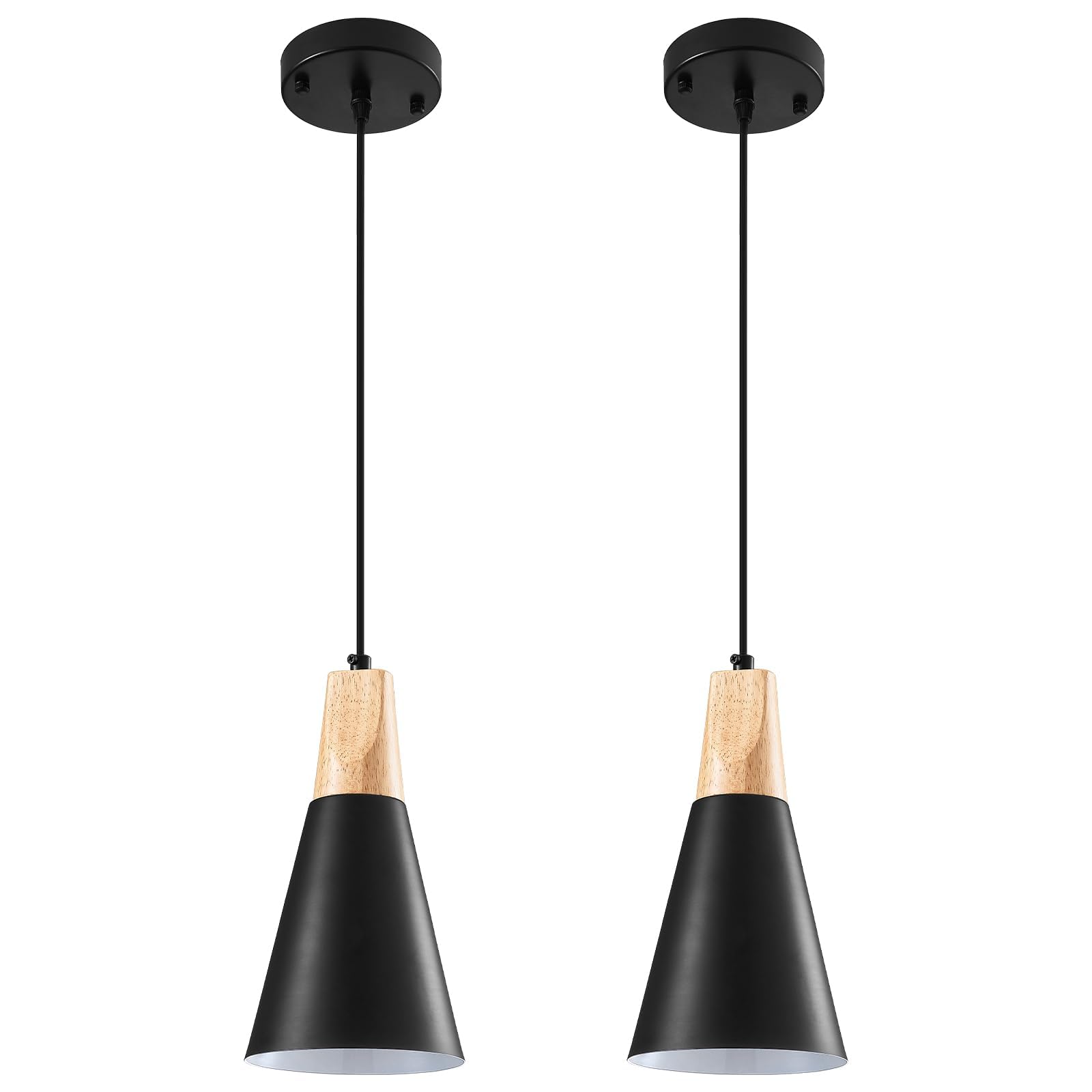 Black Pendant Light 2 Packs, Wood Farmhouse Pendant Light, Metal Pendant Lights Kitchen Island, Industrial Pendant Light for Kitchen, Living Room, Bedroom, Hallway