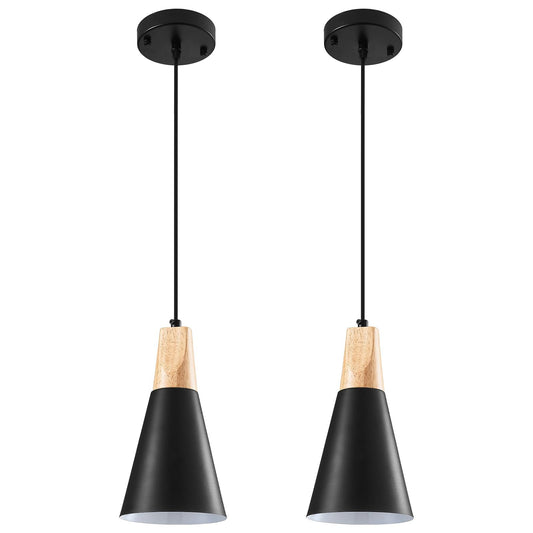 Black Pendant Light 2 Packs, Wood Farmhouse Pendant Light, Metal Pendant Lights Kitchen Island, Industrial Pendant Light for Kitchen, Living Room, Bedroom, Hallway