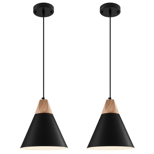 Black Pendent Light Fixtures 2 Packs 9.4 inches,Wood and Metal Industrial Pendant Light, Island Lights for Kitchen,Farmhouse Pendant Light Fixtures Bar Light Hanging for Bedroom,Hallway