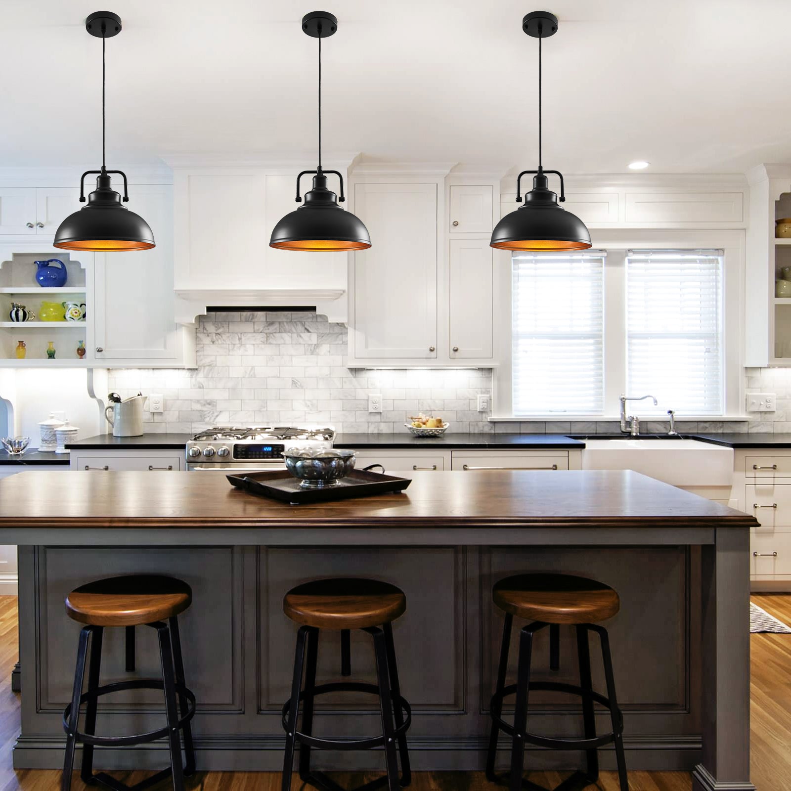 Matte Black Pendant Light Industrial Farmhouse Pendant Lights Adjustable Metal Hang Vintage Pendant Lights for Kitchen Island Island Dining Room Barn, E26 Base, 2 Pack