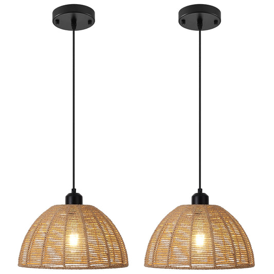 Rattan Pendant Light, 2 Packs Brown Farmhouse Pendant Light, Boho Pendant Light, Wicker Pendant Light, Pendant Lights Kitchen Island for Living Room, Bedroom, Kitchen, Office, Hallway