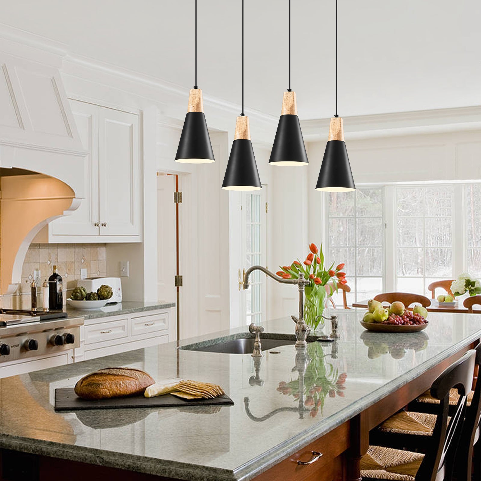 Black Pendant Light 2 Packs, Wood Farmhouse Pendant Light, Metal Pendant Lights Kitchen Island, Industrial Pendant Light for Kitchen, Living Room, Bedroom, Hallway