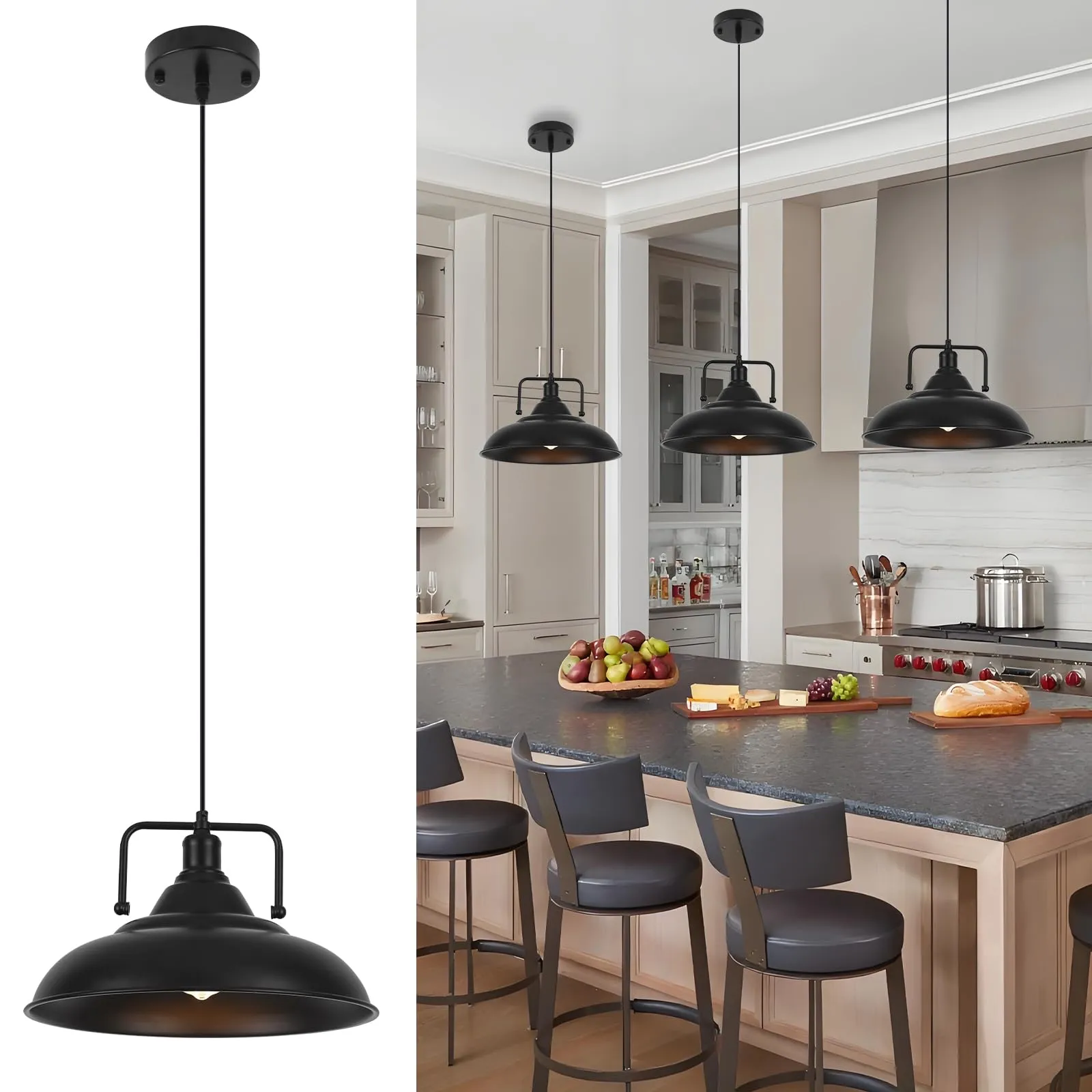 Black Large Farmhouse Pendant Light 15.7" 3-Pack
