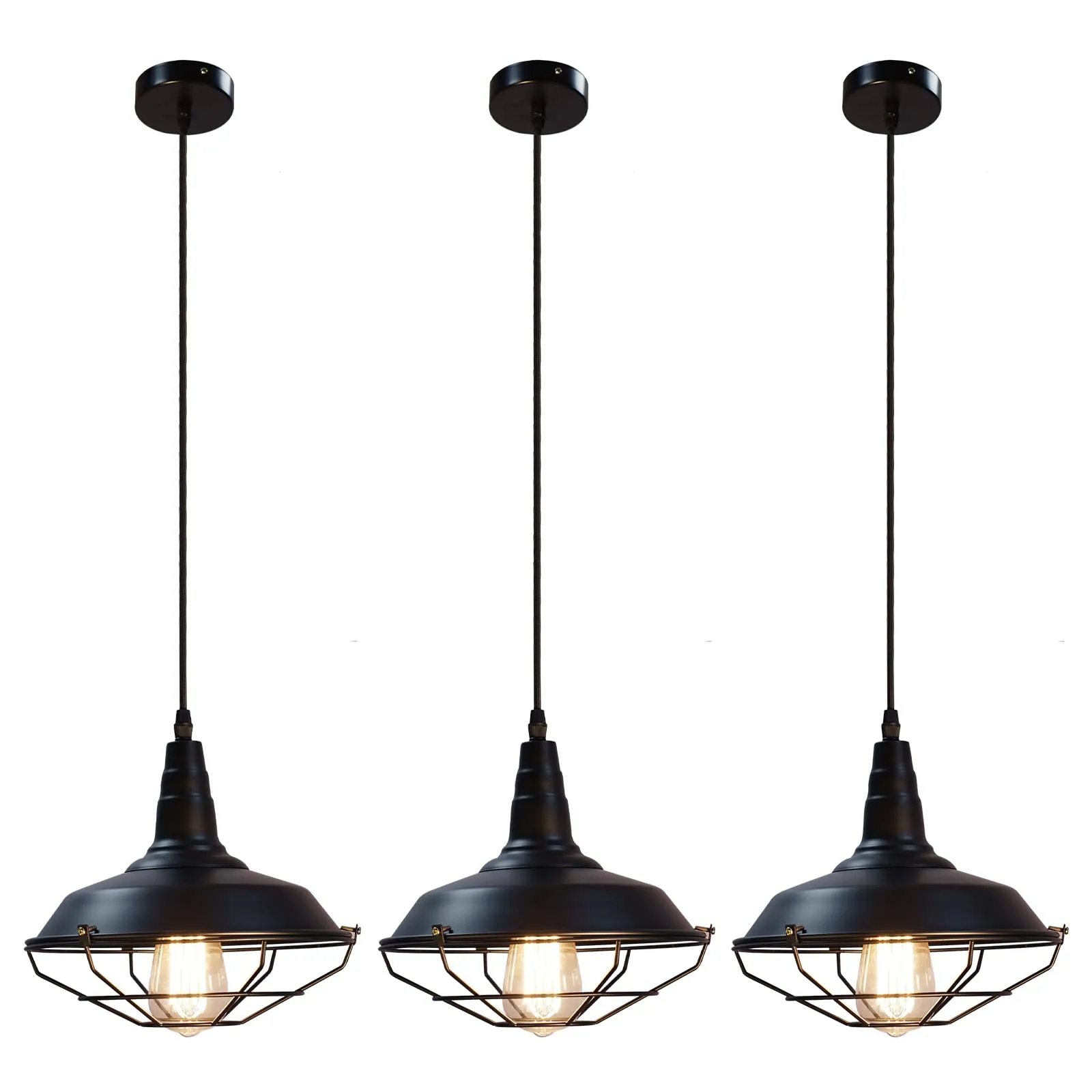 10.5" Black Matte Vintage Farmhouse Pendant Light 3-Pack