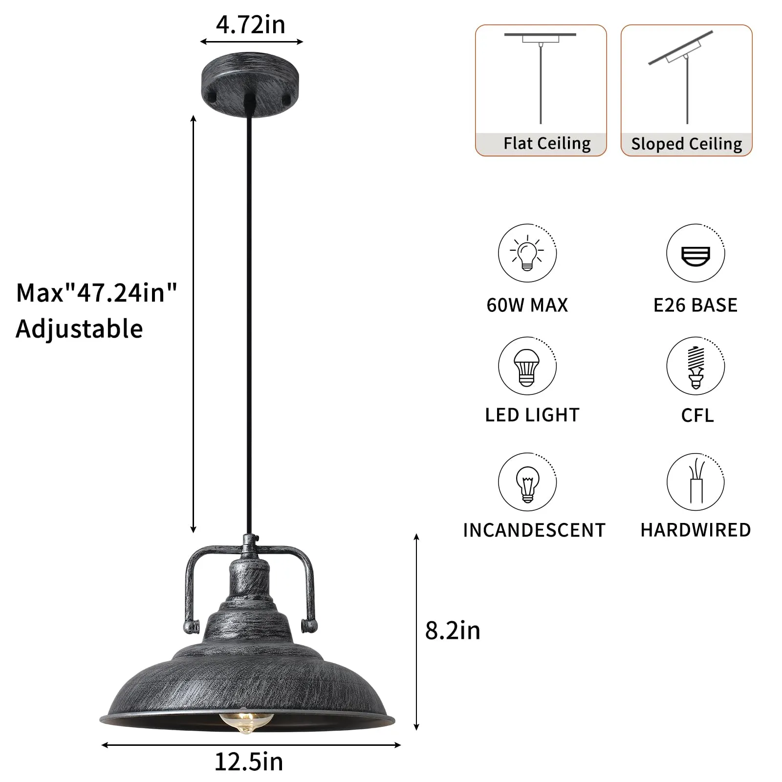 Black and Silver Farmhouse Pendant Light 12.5 Inch 3-Pack - Image 2