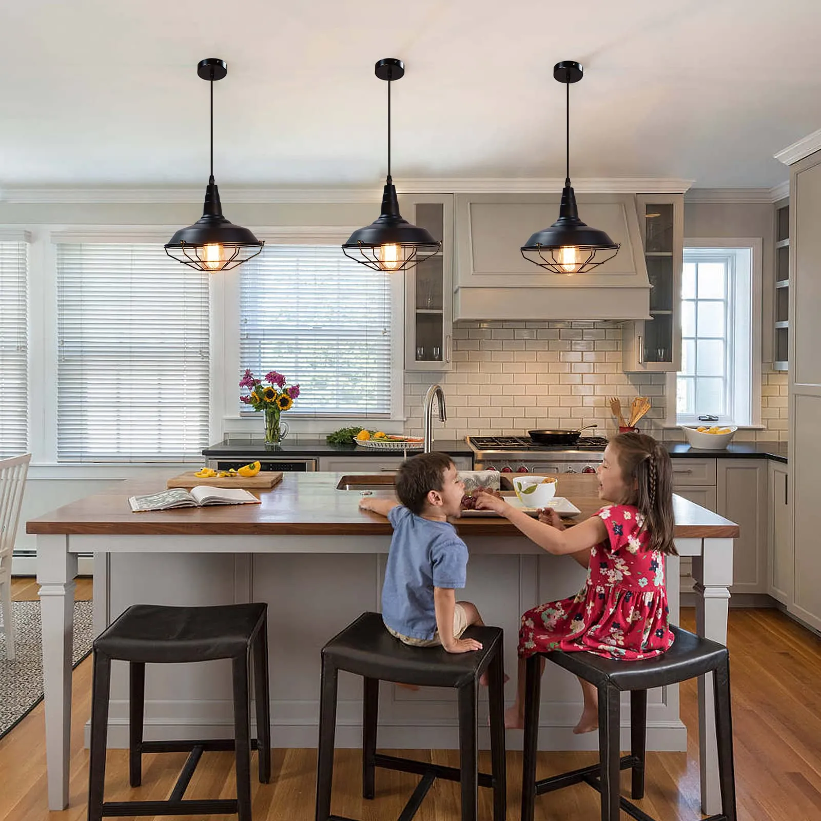 10.5" Black Matte Vintage Farmhouse Pendant Light 3-Pack - Image 2