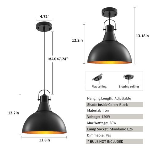 Black Pendant Lights 2 Pack, Farmhouse & Industrial Pendant Lights for Kitchen, Bedroom & Office