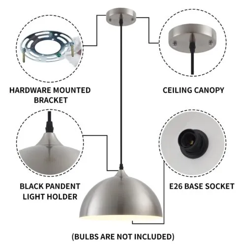 Brushed Nickel Industrial Dome Pendant Light 2-Pack