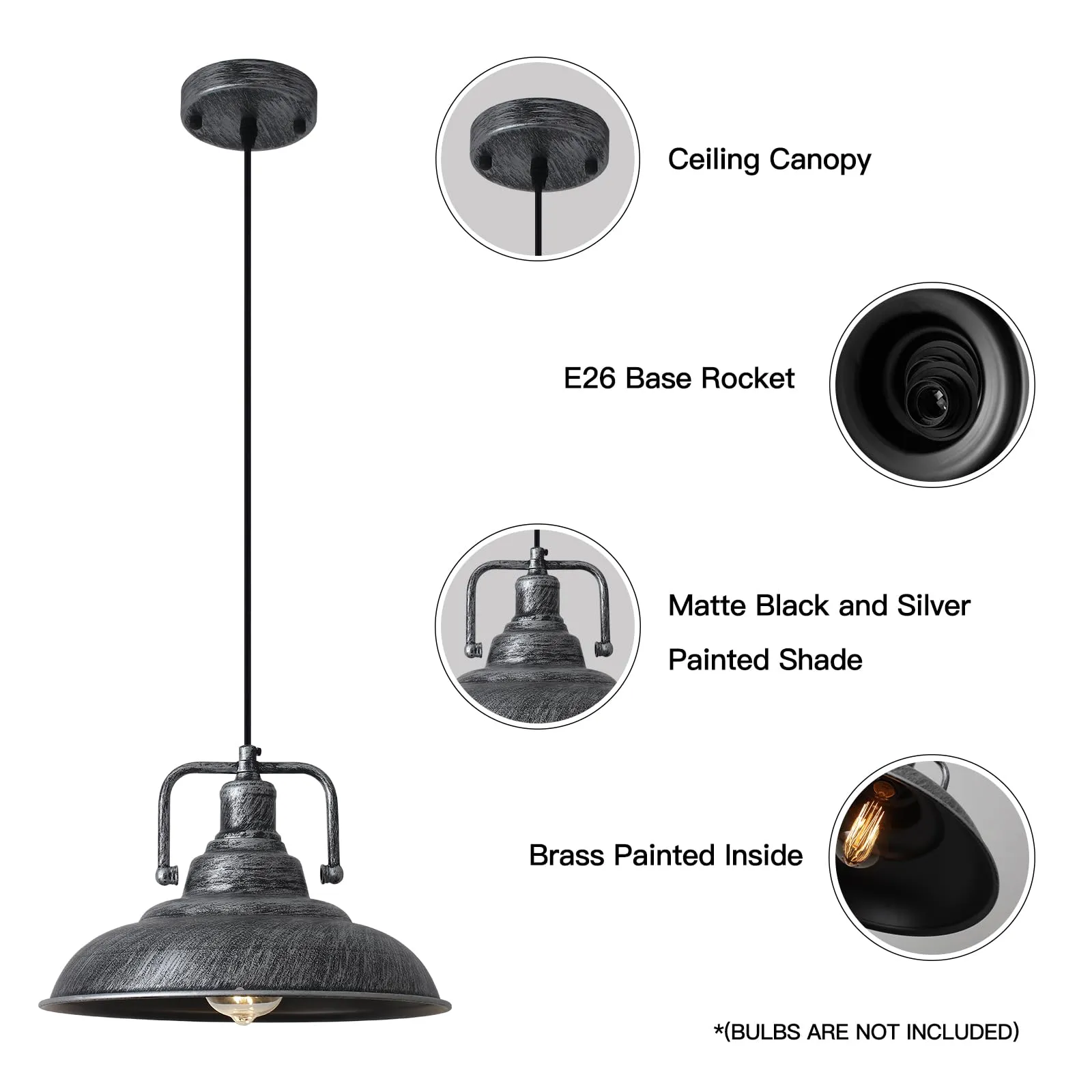 Black and Silver Farmhouse Pendant Light 12.5 Inch 3-Pack - Image 3