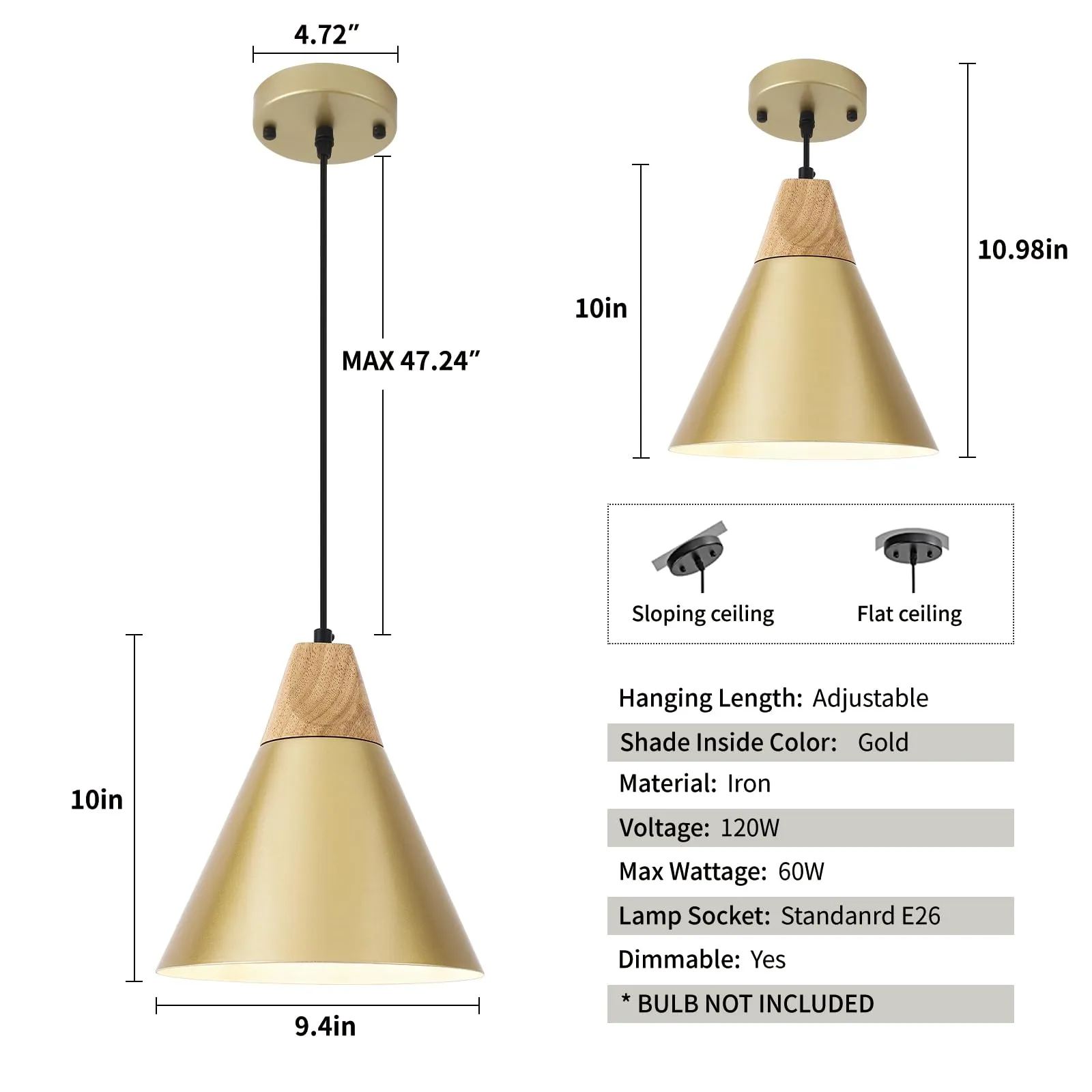 Gold Farmhouse Pendant Light 9.4" 2-Pack - Image 3
