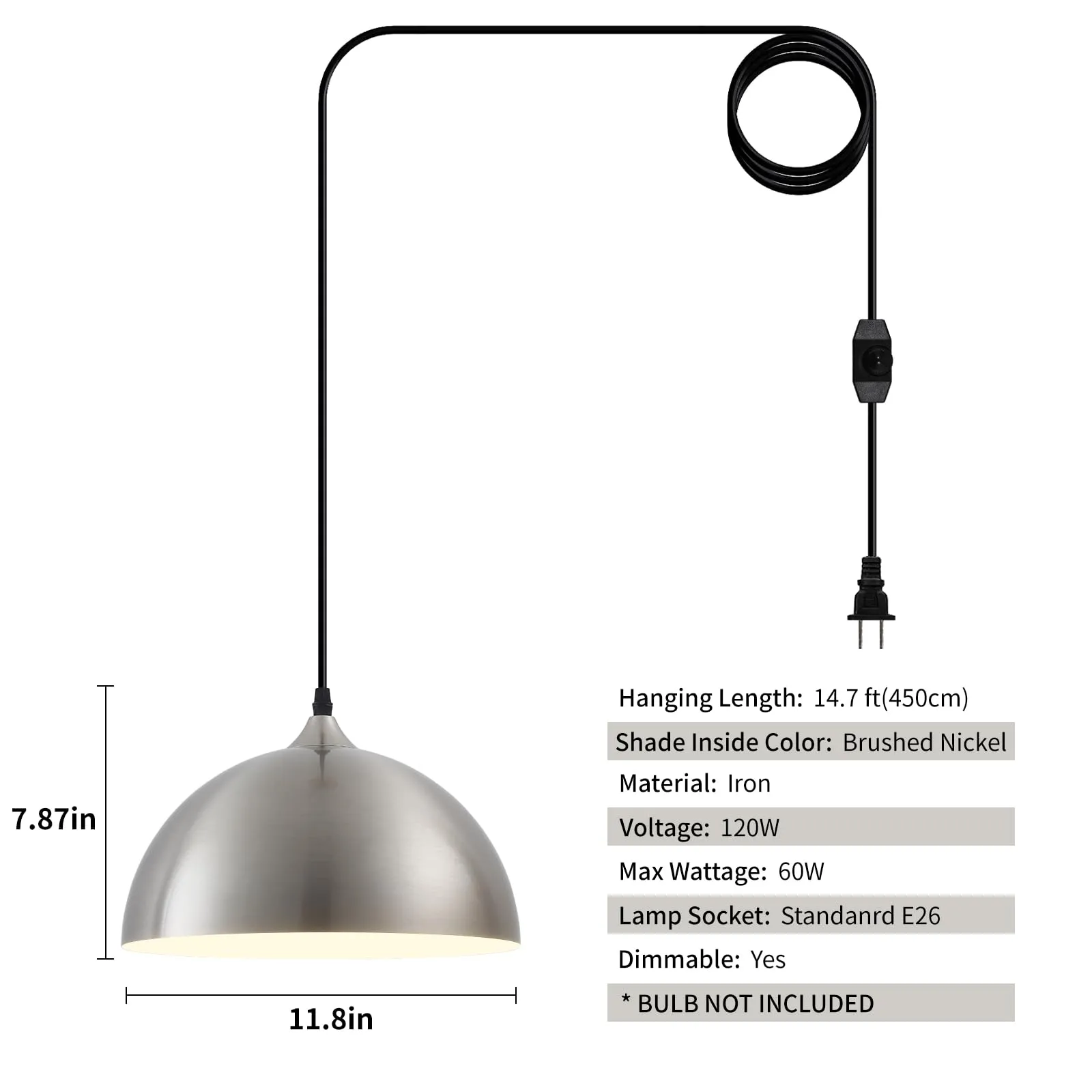 Brushed Nickel Plug-in Farmhouse Pendant Light 2-Pack - Image 3
