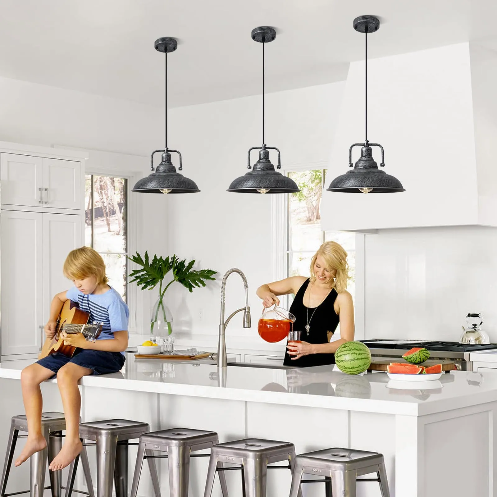 Black and Silver Farmhouse Pendant Light 12.5 Inch 3-Pack - Image 5