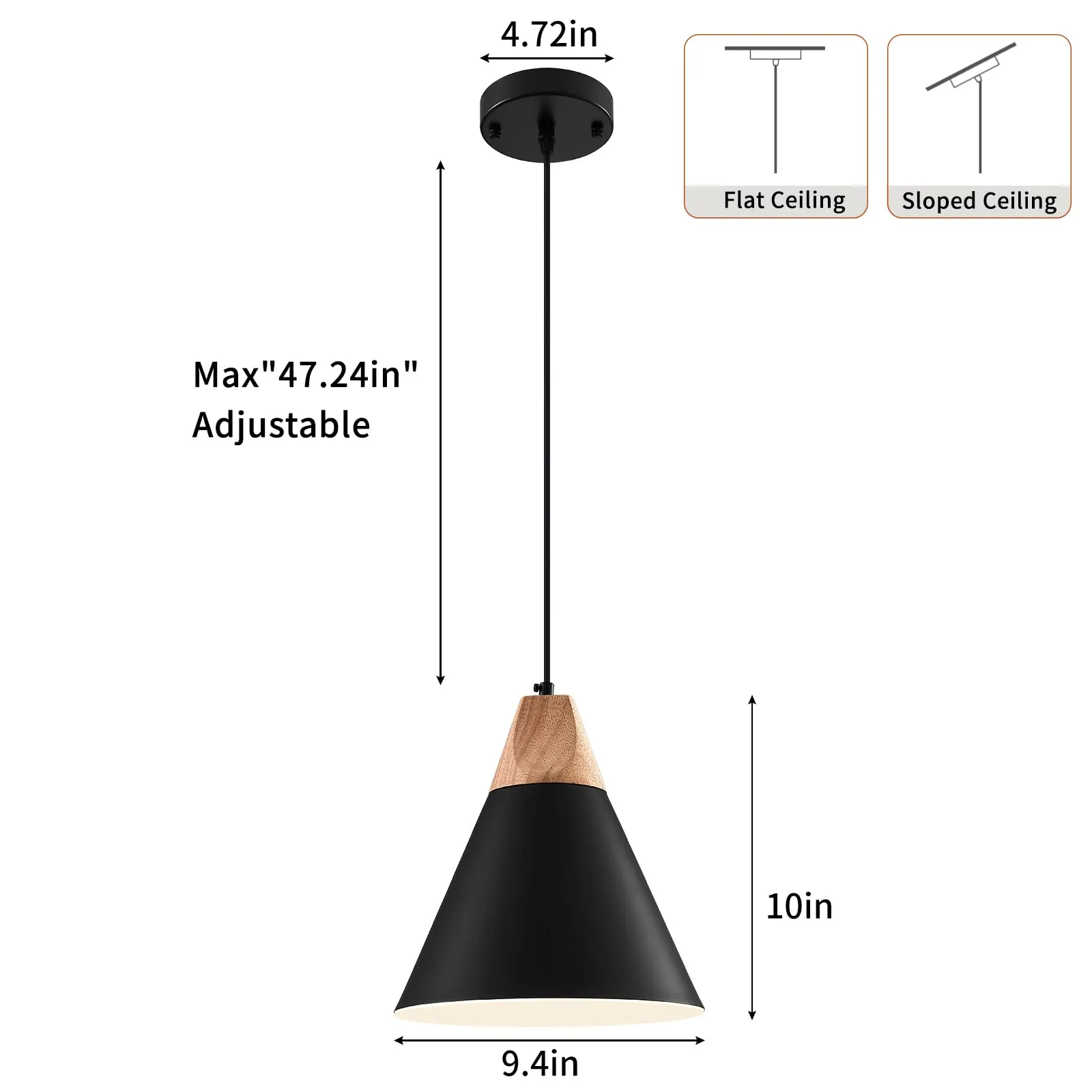 Black Wood and Metal Farmhouse Pendant Light 9.4" - Image 6