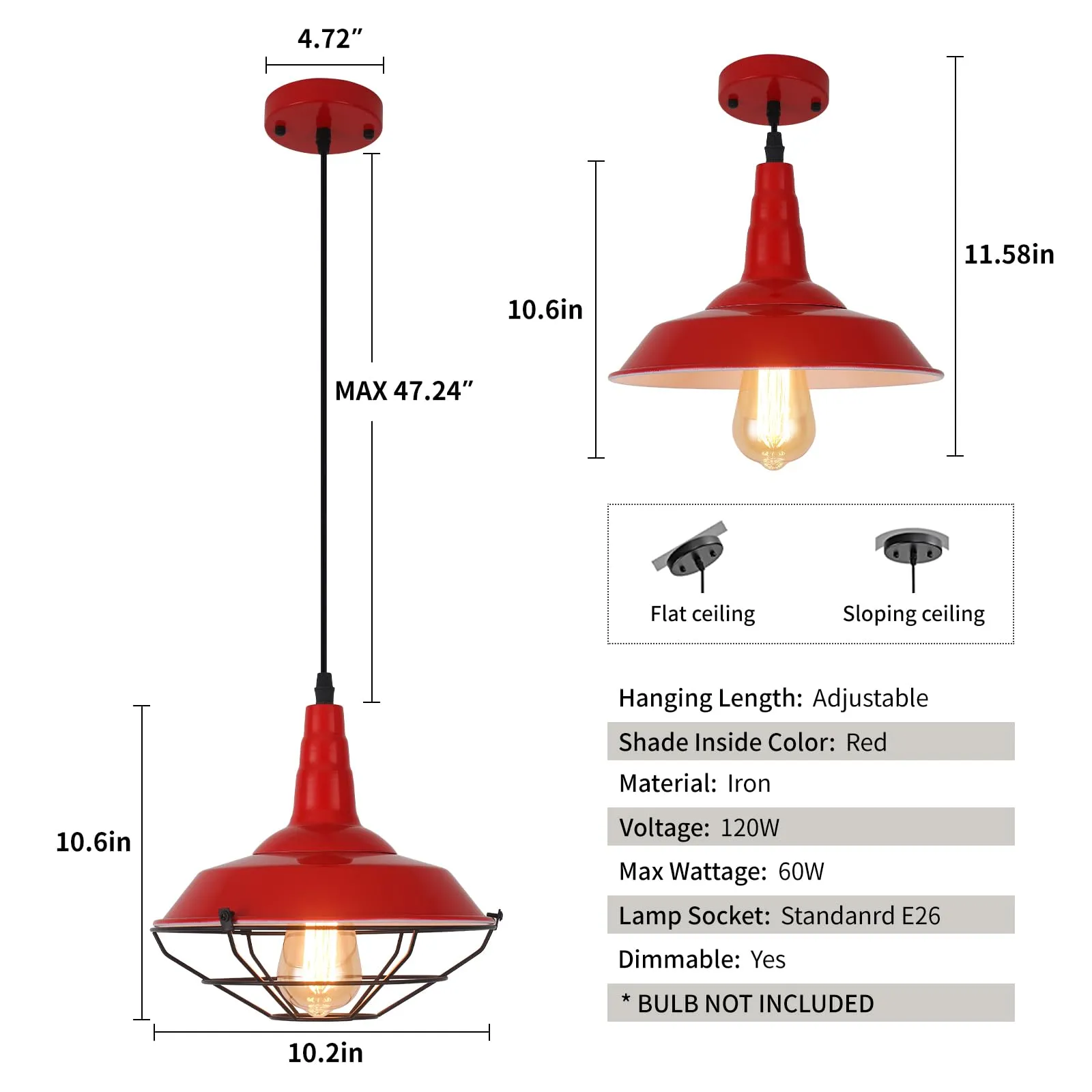 10.5" Red Modern Farmhouse Pendant Light 3-Pack - Image 6