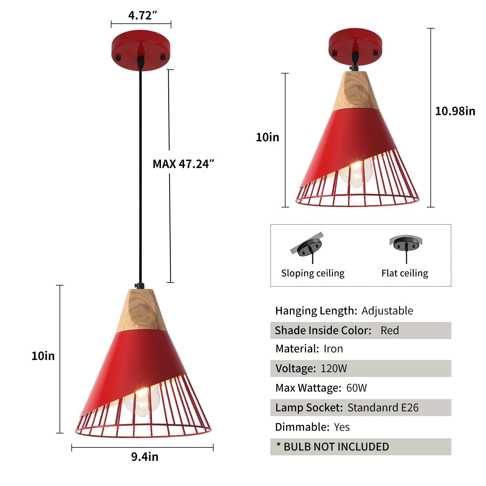 Red Farmhouse Industrial Pendant Light 9.4" 2-Pack - Image 6