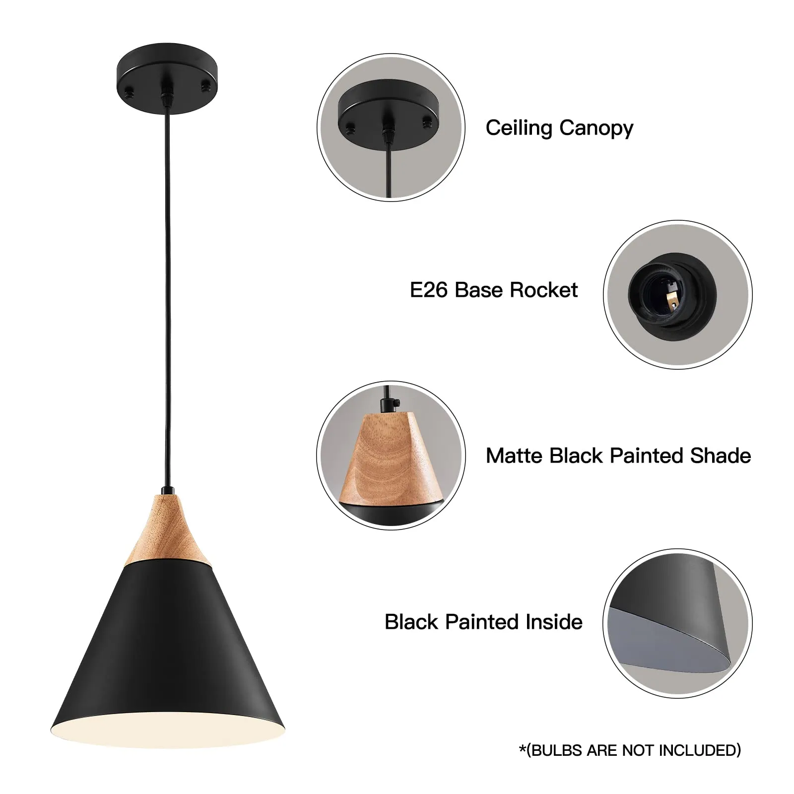 Black Wood and Metal Farmhouse Pendant Light 9.4" - Image 7