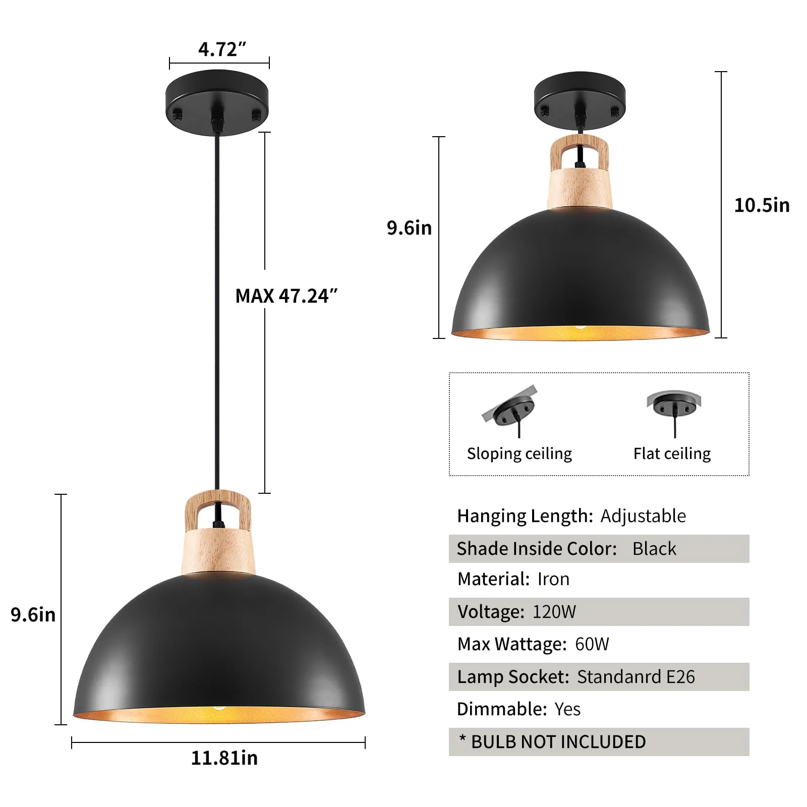 11.8" Black Modern Farmhouse Pendant Light 3-Pack - Image 6