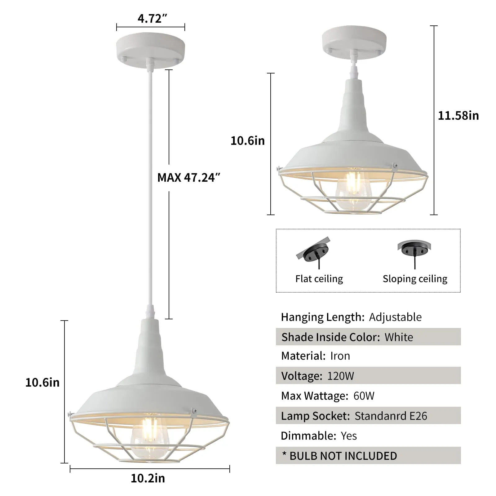 10.5" White Farmhouse Industrial Pendant Light 3-Pack - Image 6