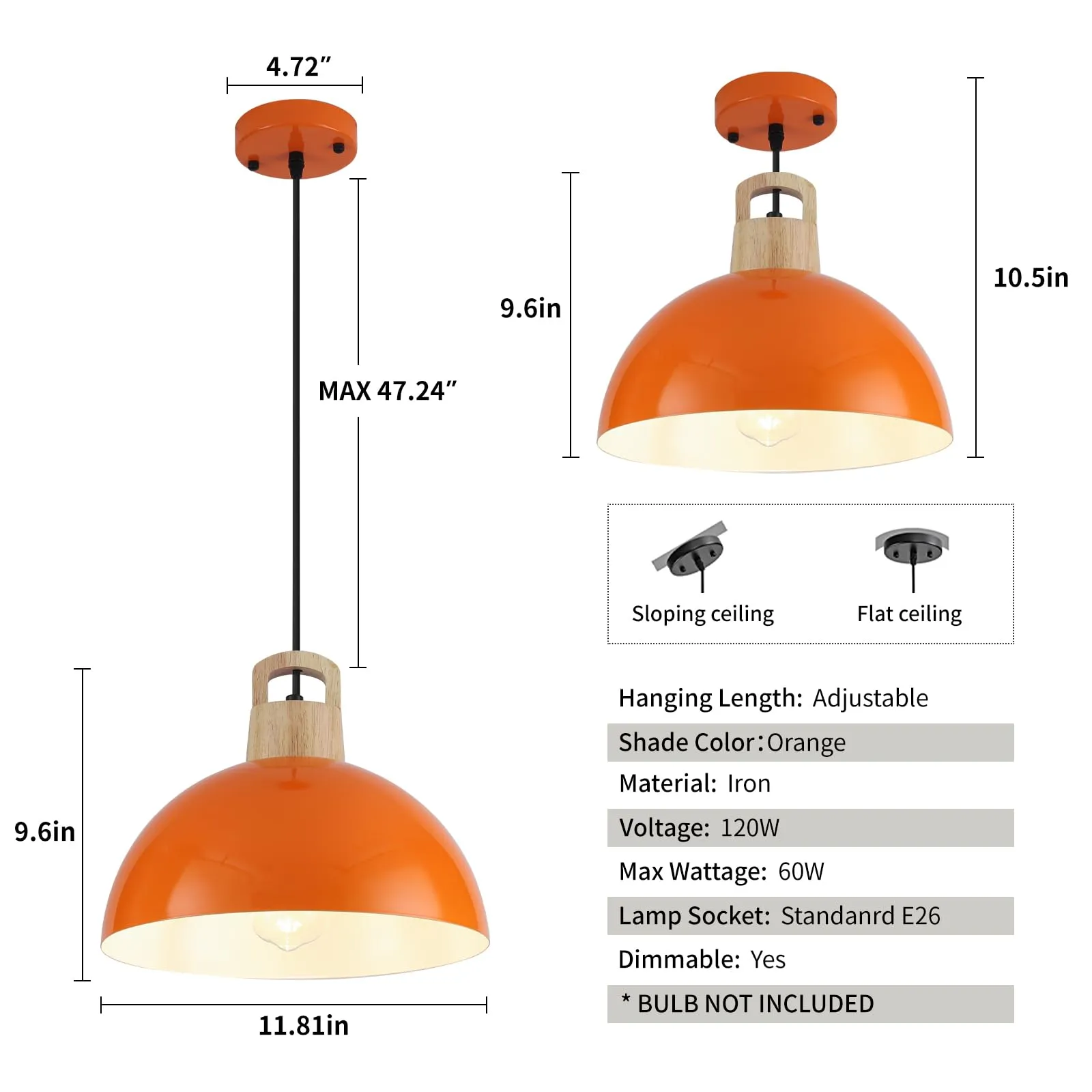 11.8" Orange Modern Farmhouse Pendant Light 3-Pack - Image 6