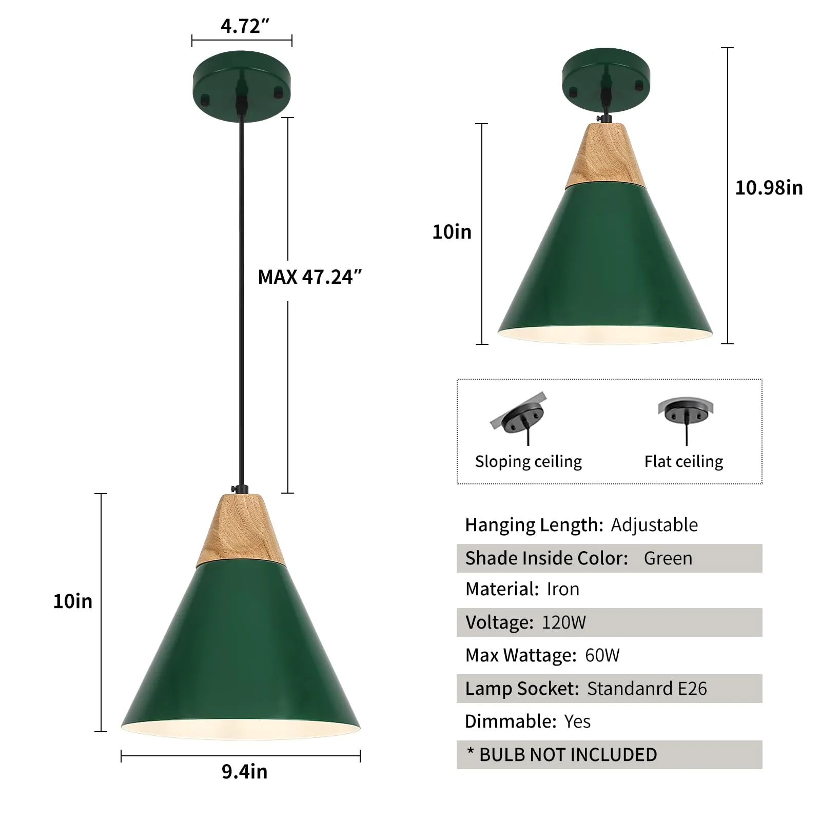 Green Farmhouse Industrial Pendant Light 9.4" 2-Pack - Image 6