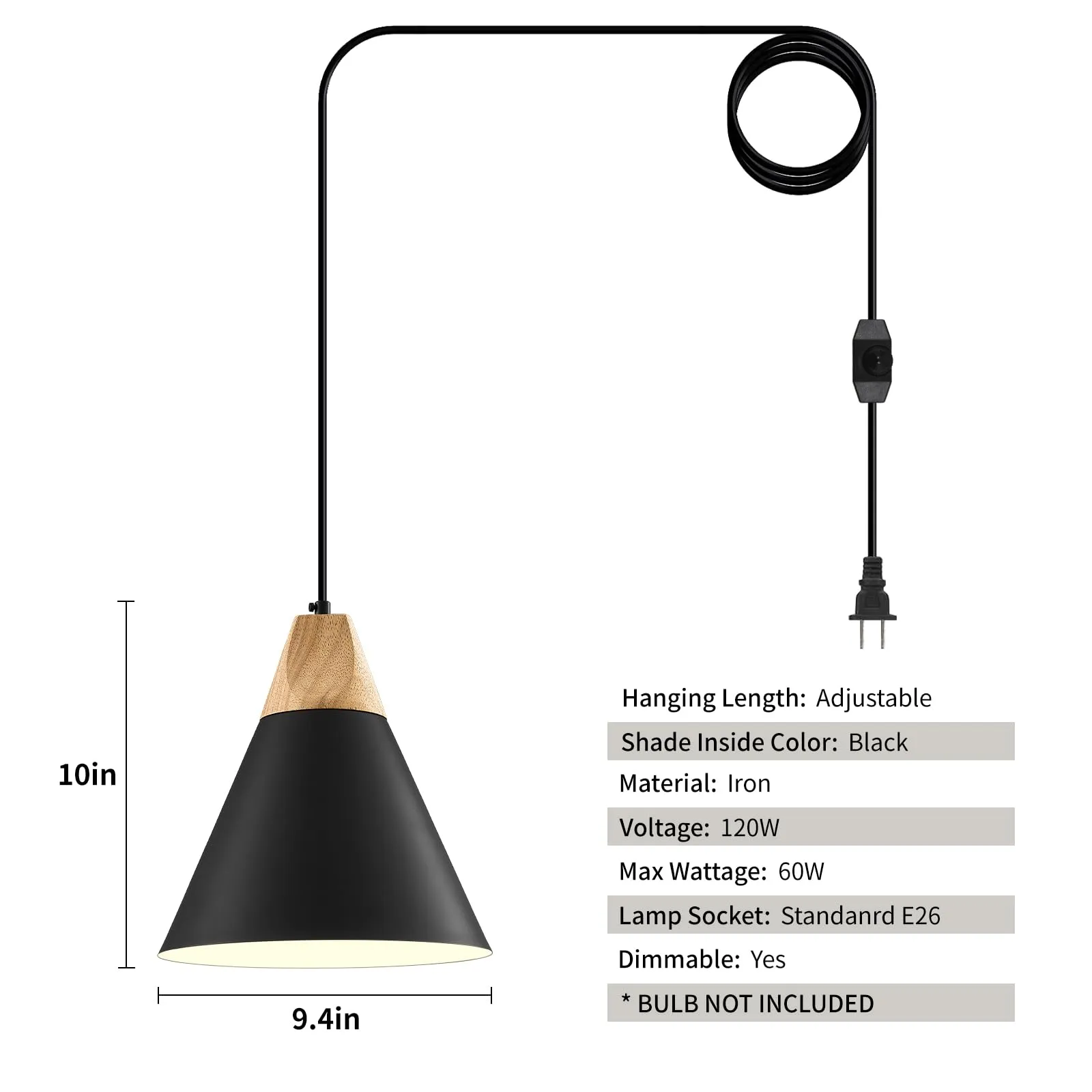 Black Plug-in Farmhouse Pendant Light 11.8" 2-Pack - Image 7