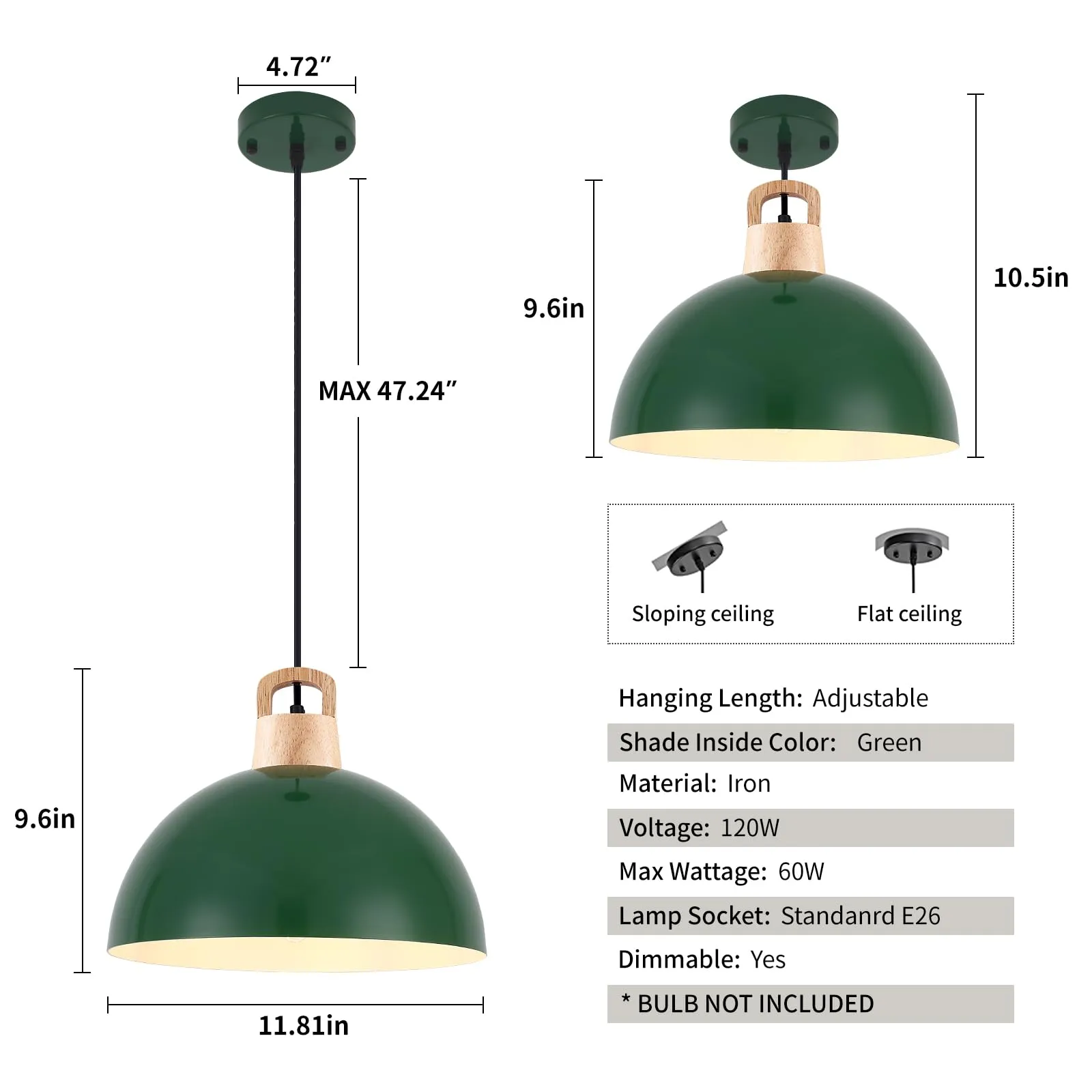 11.8" Green Farmhouse Industrial Pendant Light 3-Pack - Image 6