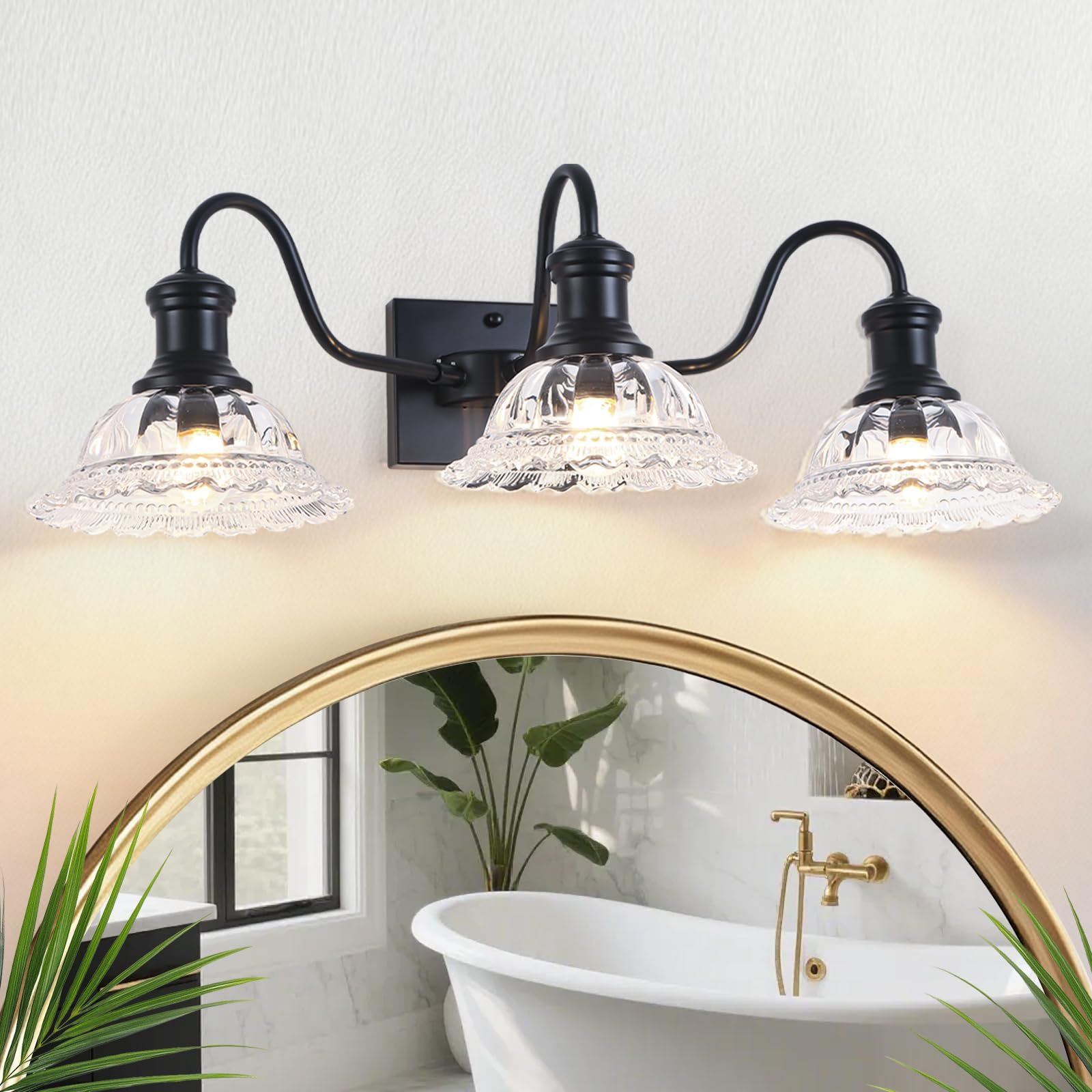 Vintage 3-Light Matte Black Vanity Light with Flower Glass Shade