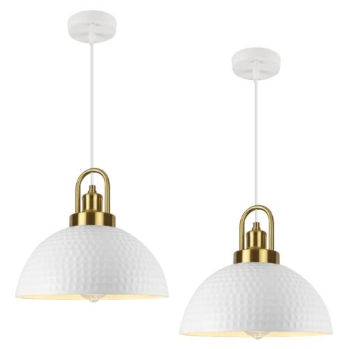 White Hammered Pendant Light 11.8" with Gold Holder 2-Pack