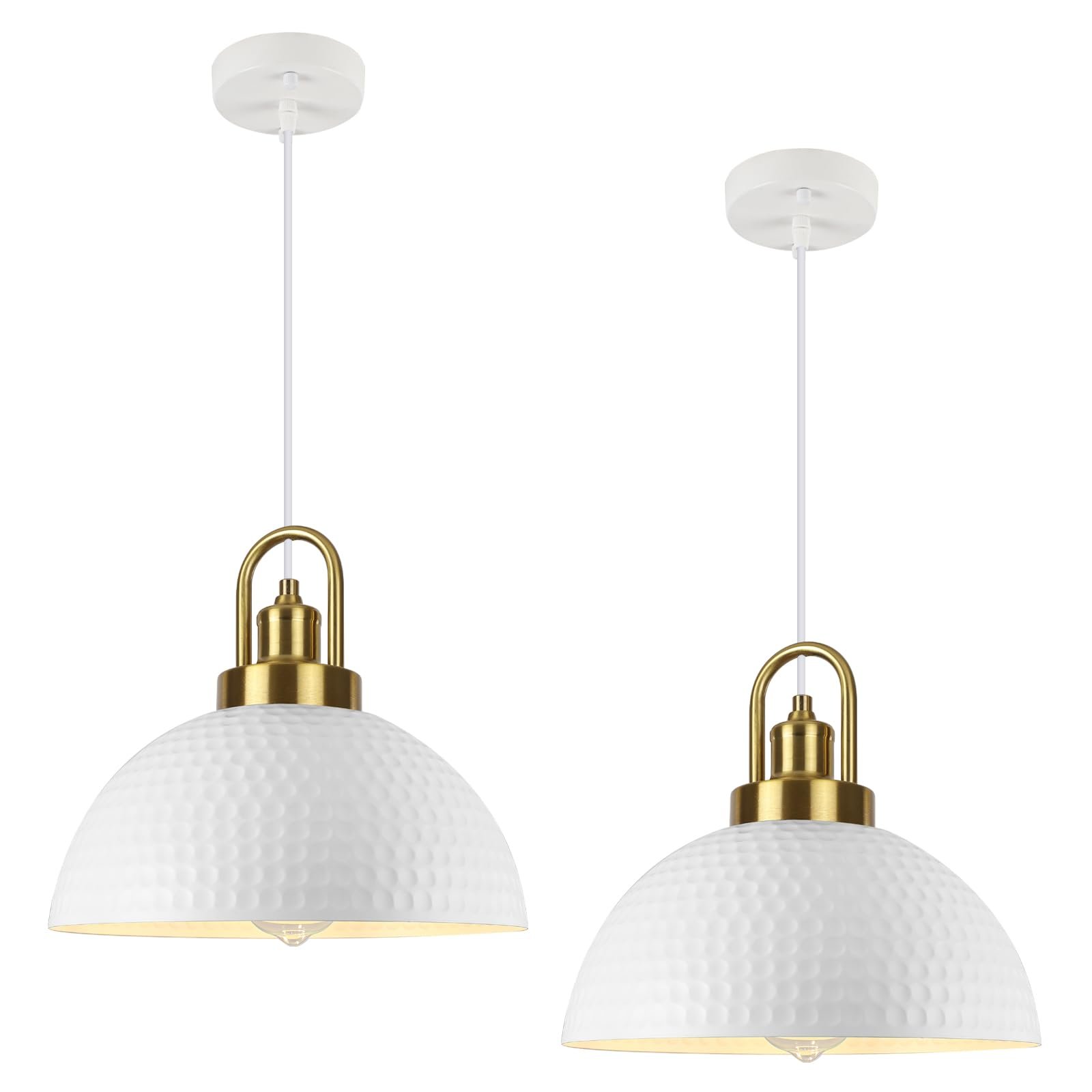 White Hammered Pendant Light 11.8" with Gold Holder 2-Pack