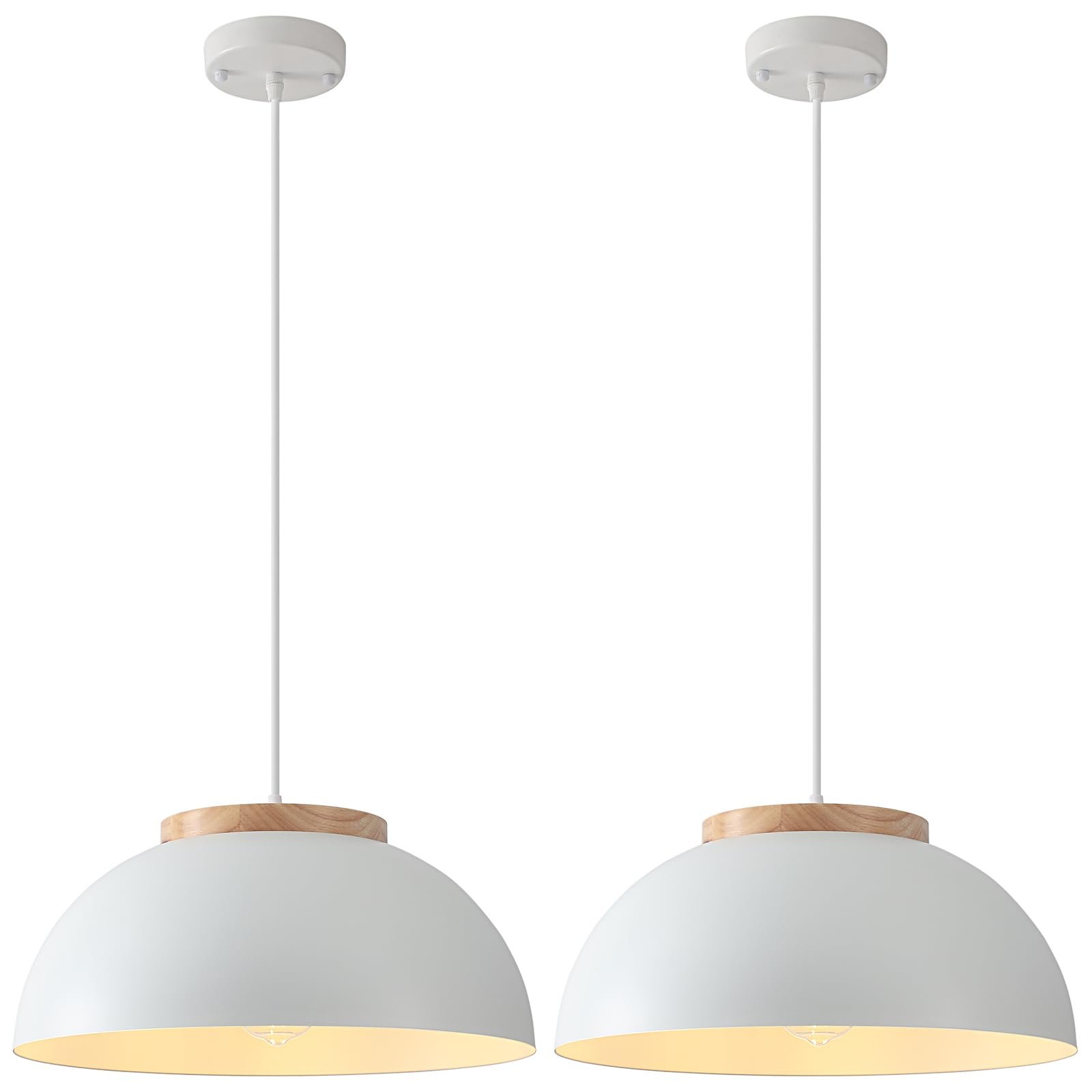 White Large Farmhouse Pendant Light 16" with Wooden Holder 2-Pack