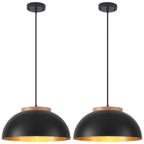 Black Large Farmhouse Pendant Light 16" with Wooden Holder 2-Pack