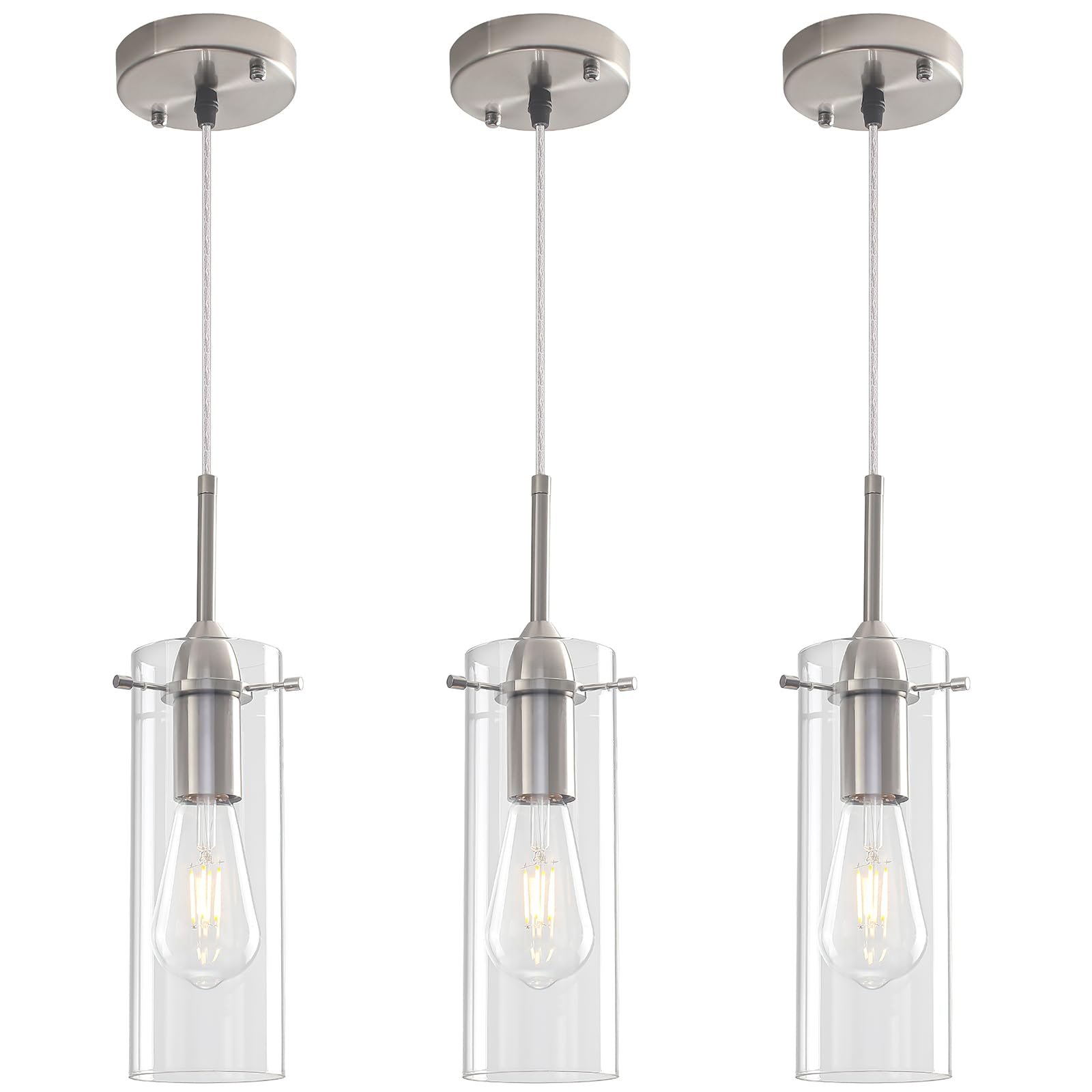 Brushed Nickel Modern Glass Pendant Light 3-Pack
