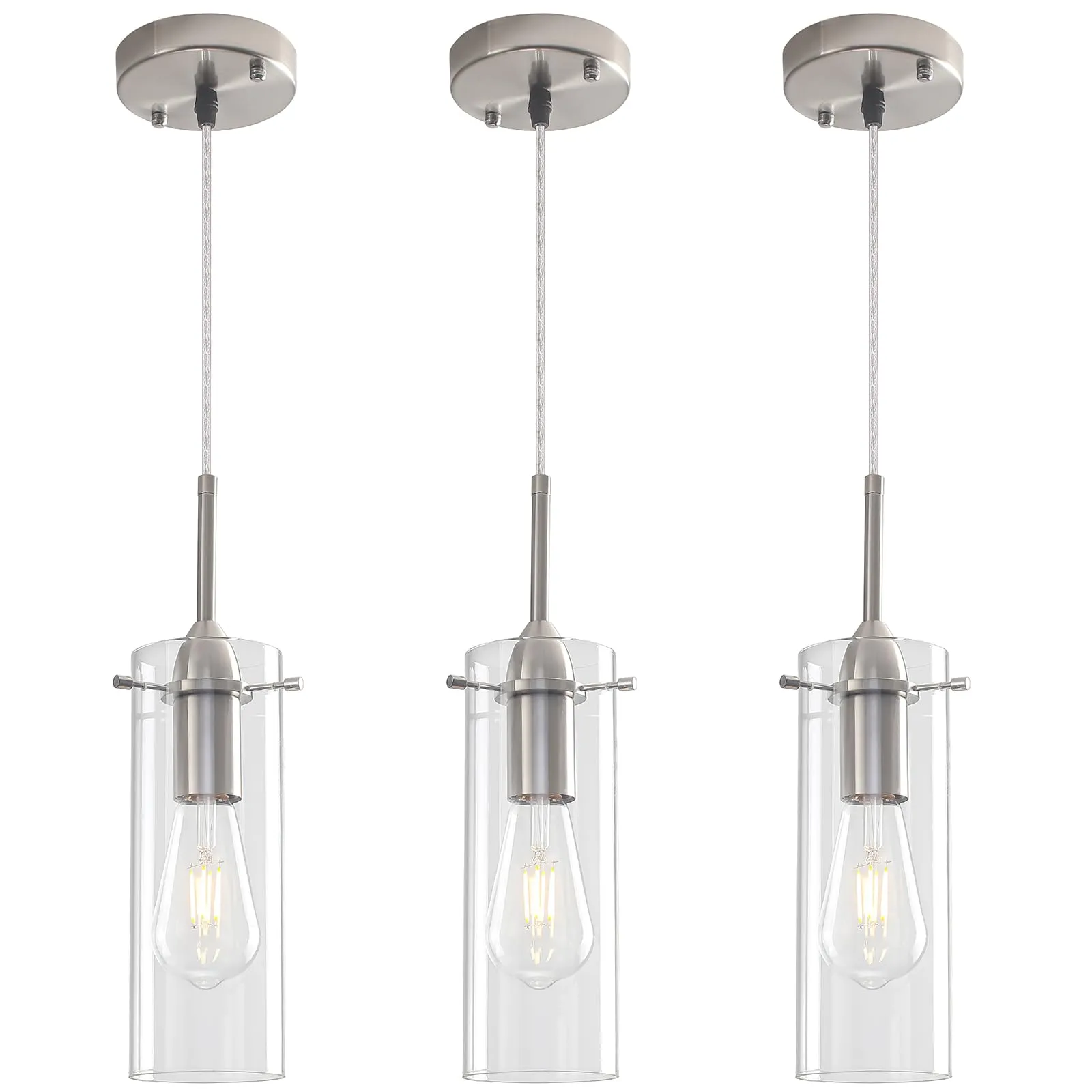 Brushed Nickel Modern Glass Pendant Light 3-Pack