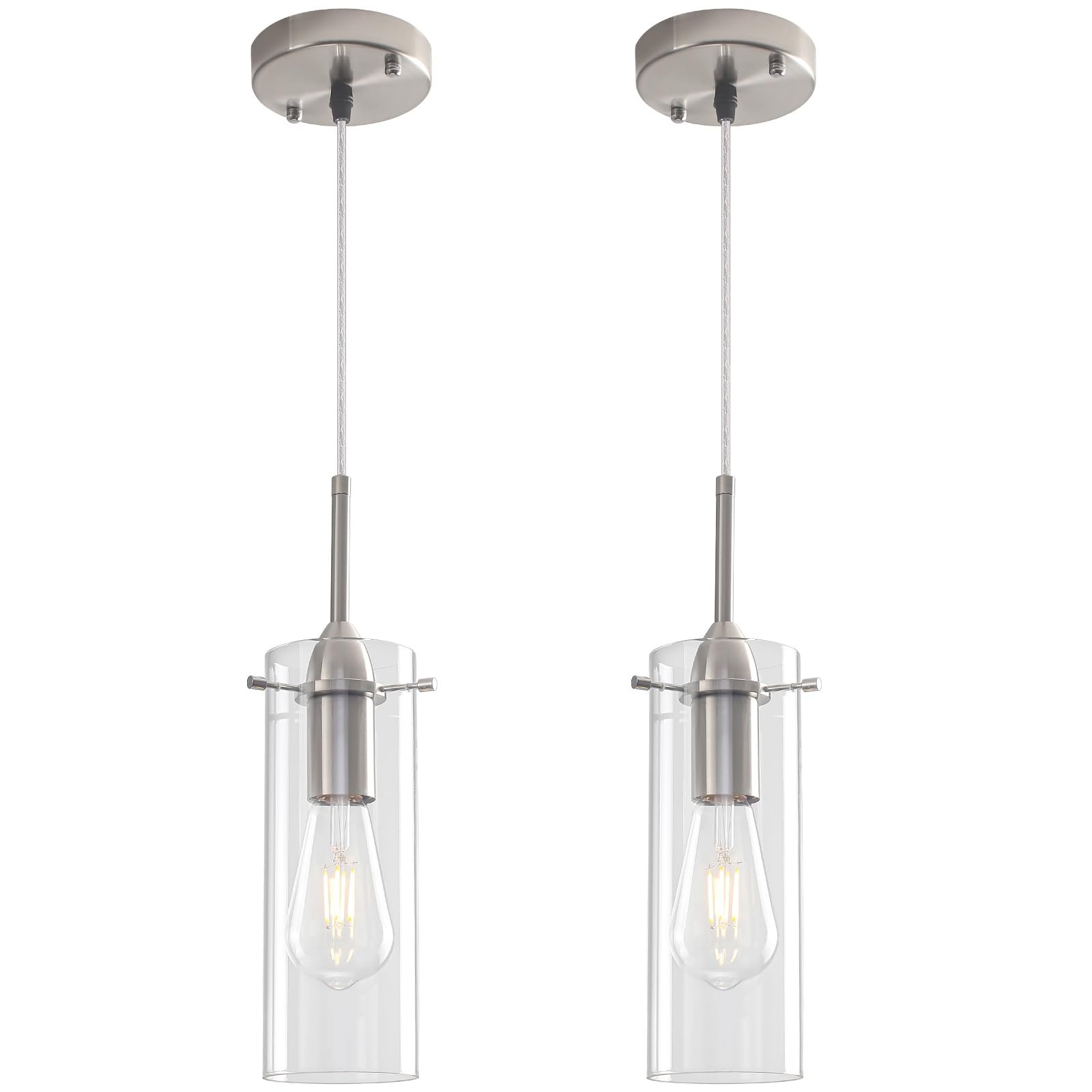 Brushed Nickel Modern Glass Pendant Light 2-Pack