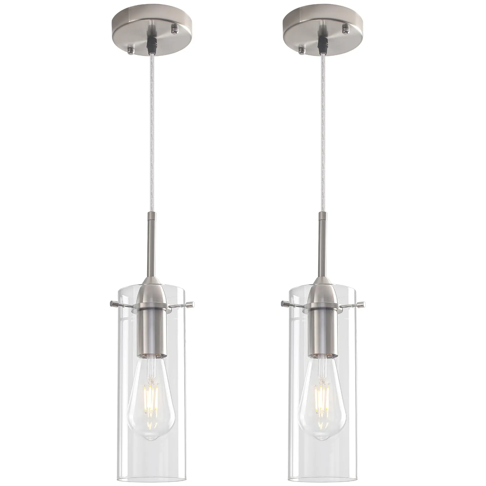 Brushed Nickel Modern Glass Pendant Light 2-Pack