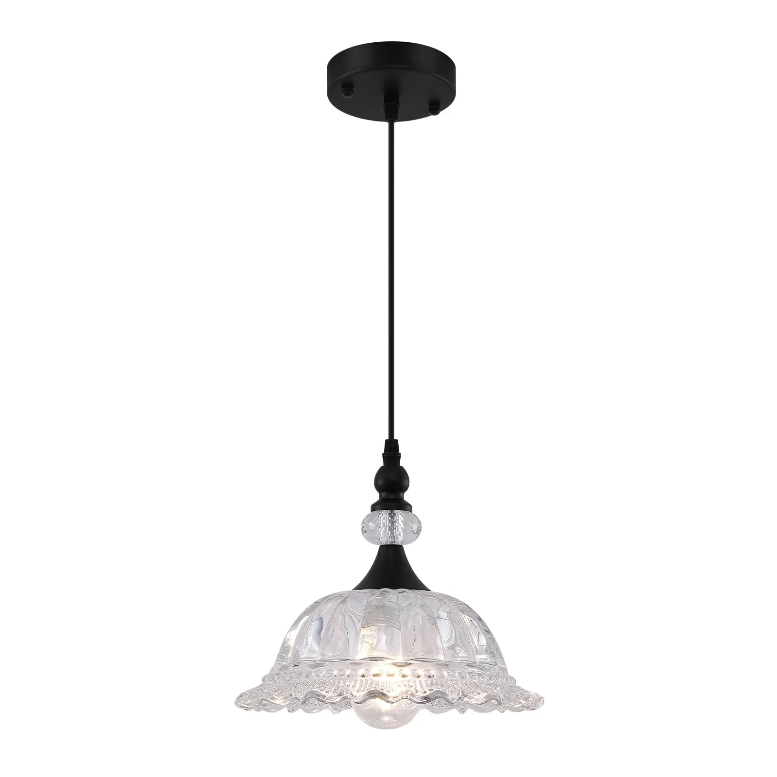 Matte Black Vintage Pendant Light with Glass Shade