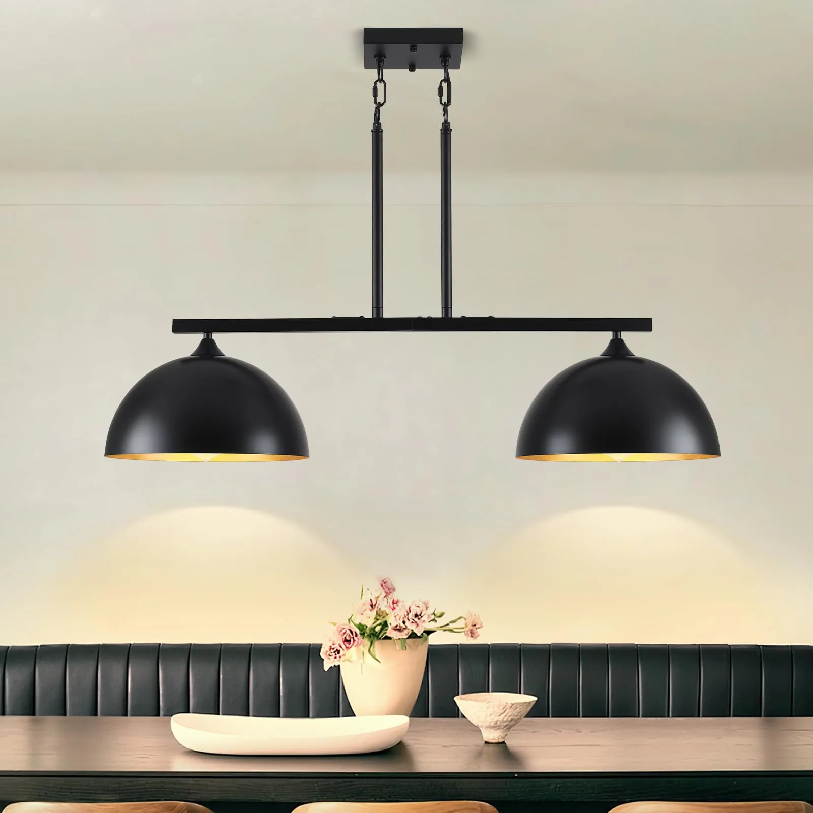 Black Modern 2-Light Dome Island Pendant Light