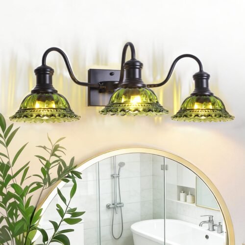 Vintage 3-Light Black Bathroom Light with Green Glass Shade