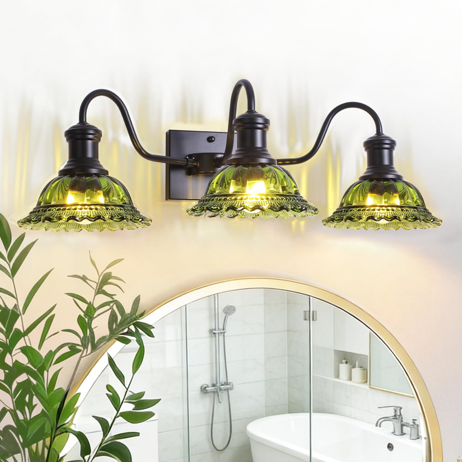 Vintage 3-Light Black Bathroom Light with Green Glass Shade