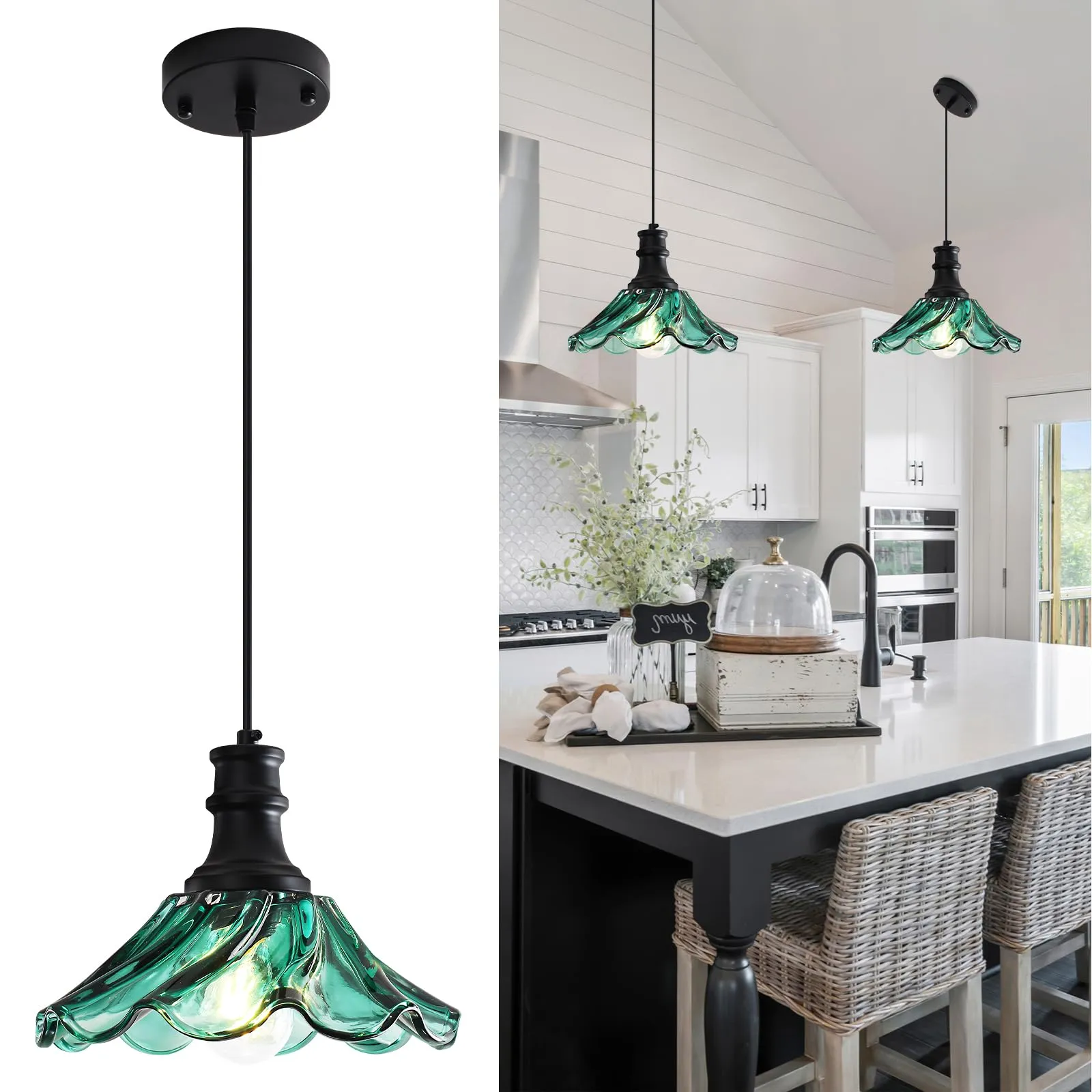 10" Black and Green Farmhouse Pendant Light 2-Pack