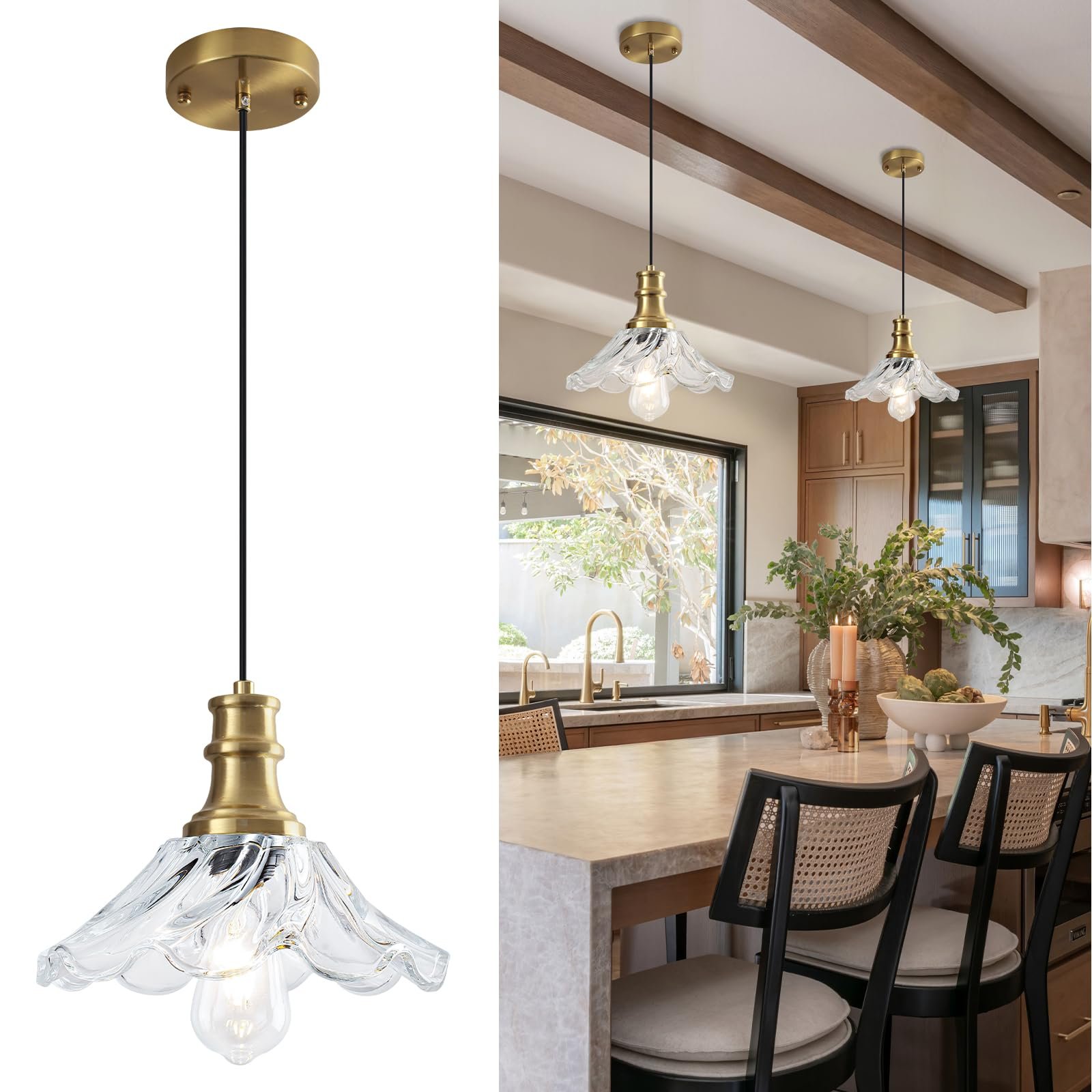 10" Gold Modern Farmhouse Pendant Light with Clear Glass 2-Pack