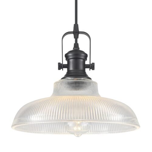 12" Black Ribbed Glass Farmhouse Pendant Light
