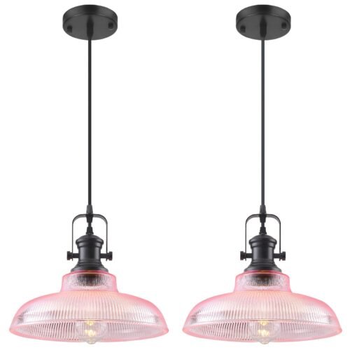 12" Pink Ribbed Glass Farmhouse Pendant Light 2-Pack