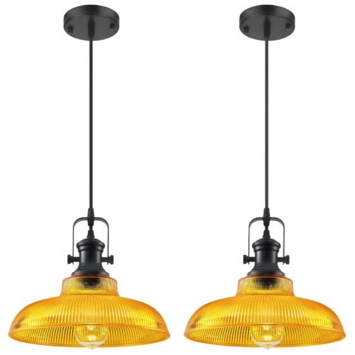 12" Orange Ribbed Glass Farmhouse Pendant Light 2-Pack