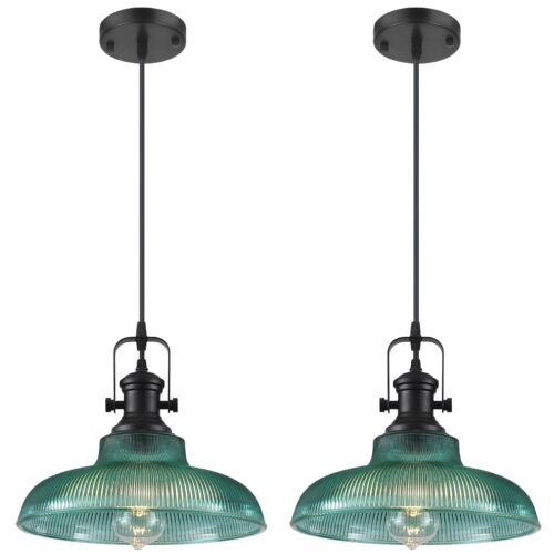 12" Green Ribbed Glass Farmhouse Pendant Light 2-Pack