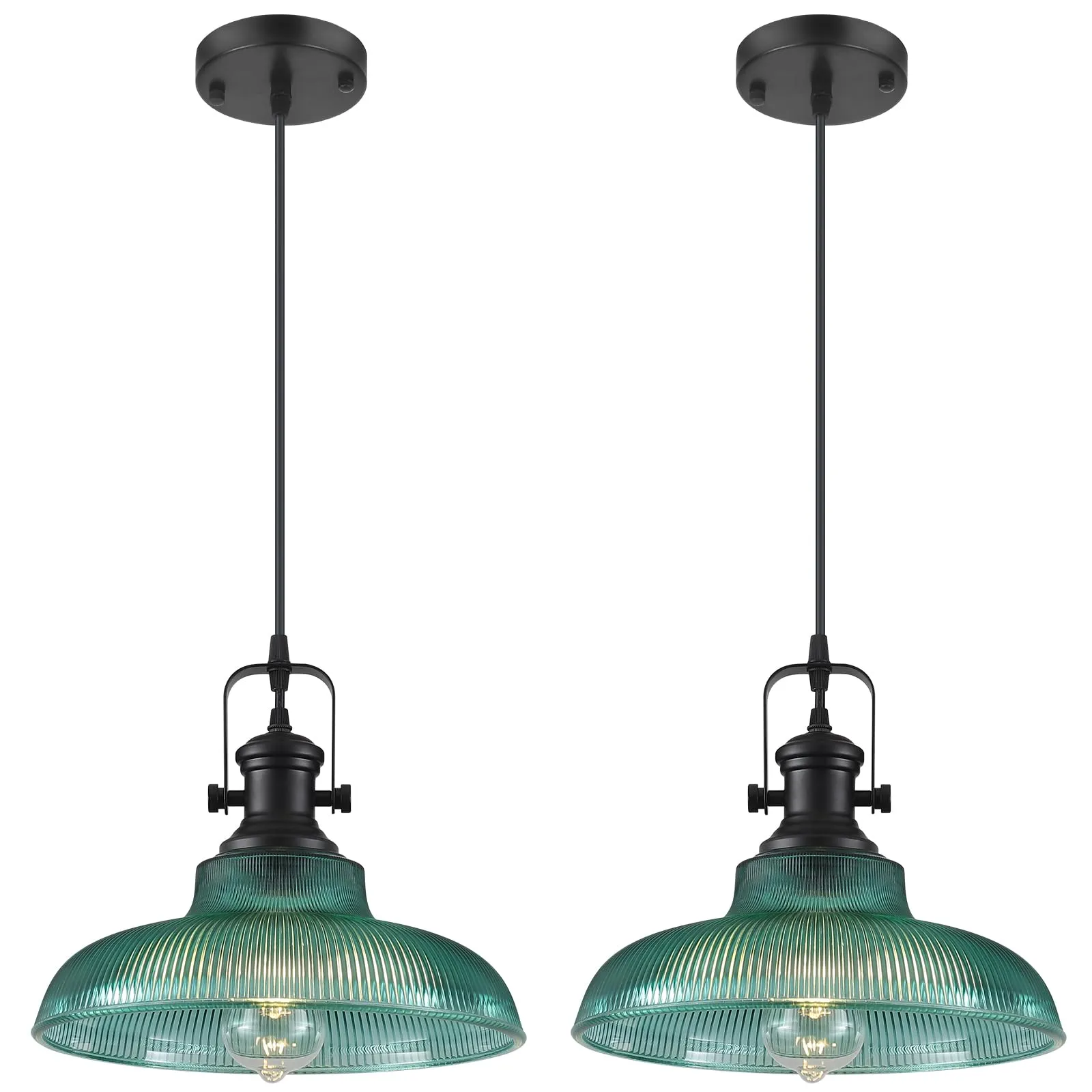 12" Green Ribbed Glass Farmhouse Pendant Light 2-Pack